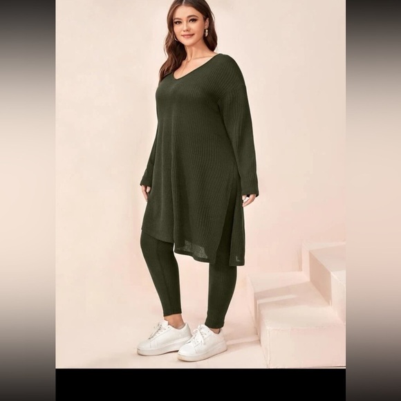 Pants - Mulvari Plus Ribbed Knit Drop Shoulder Split Top & Leggings